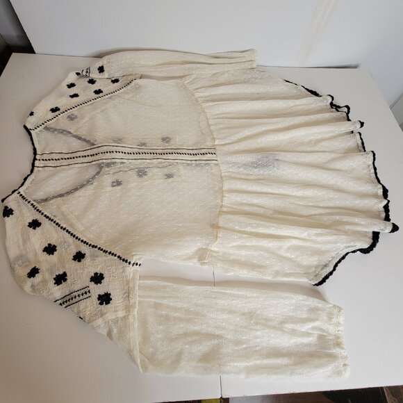 Free People Semi Sheer Peasant Style Tunic w/Embroidery Tie Front Beige/Blk Sz L - Picture 13 of 14